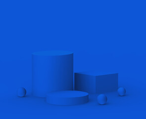 3d blue podium modern minimal design in studio background. Abstract 3d geometric shape object illustration render. Display for valentine product.