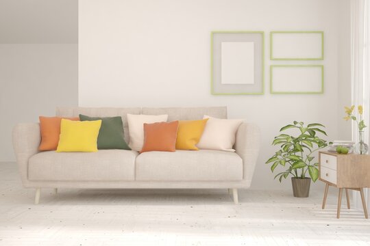 Modern living room in white color with sofa. Scandinavian interior design. 3D illustration