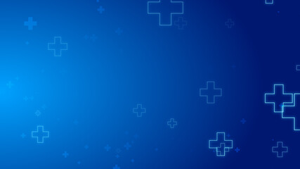 Medical health blue cross neon light shapes pattern healthcare technology background.