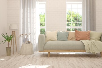White living room with sofa and summer landscape in window. Scandinavian interior design. 3D illustration
