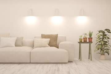 Soft color living room with sofa. Scandinavian interior design. 3D illustration