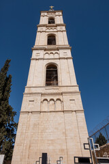 64 meters "Russian candle" bell tower of the Russian church, located in the Mount of Olives Ascension Monastery compound. Famous landmark of Jerusalem.