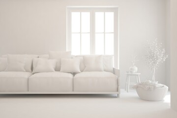 Mock up of stylish room in white color with sofa. Scandinavian interior design. 3D illustration