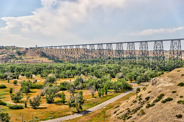The historic High Level viaduct bridge spanning the Old Man river valley in Lethbridge