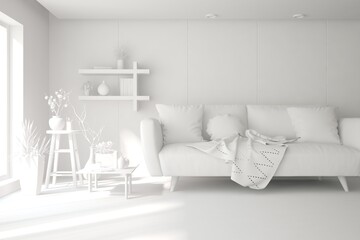 Mock up of minimalist living room in white color with sofa. Scandinavian interior design. 3D illustration