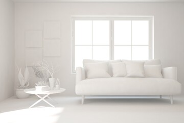 White minimalist living room with sofa. Scandinavian interior design. 3D illustration