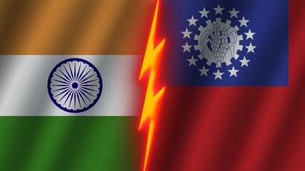 Obraz premium Myanmar Burma and India Flags Together, Wavy Fabric Texture Effect, Neon Glow Effect, Shining Thunder Icon, Crisis Concept, 3D Illustration