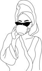 Woman in towel silhouette. Girl in sunglasses with a cup of coffee. Minimalistic vector art. Black and white. White background. Line drawing.