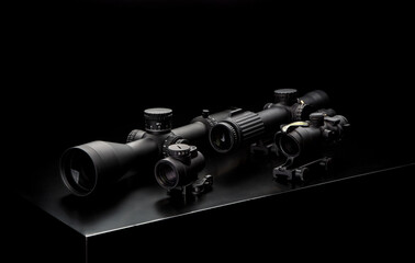 Various optical and collimator sights on a dark back. Sniper optical devices for long-medium range shooting.