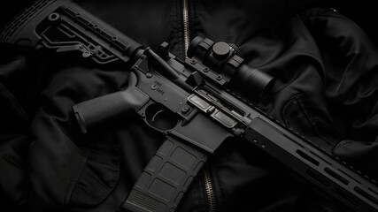 Modern automatic rifle with a telescopic sight on a dark back. The uniform of a guard or a mercenary. - obrazy, fototapety, plakaty