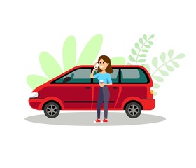 car. girl talking on the phone next to her car. vector icon in flat style