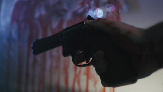 Gun Shooting With Blood Splatter on Wall Horror Crime Scene