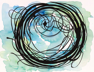 A watercolour and ink abstraction on themes of motion, connectivity and complexity.