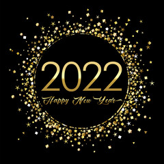 2022 A Happy New Year sign, congrats concept. Logotype in 3D style. Beautiful shiny snowy backdrop. Abstract isolated graphic design template. Decorative numbers. Creative Christmas golden decoration.