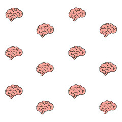 Seamless vector pattern of pink brain on a light gray background, hand-drawn.
