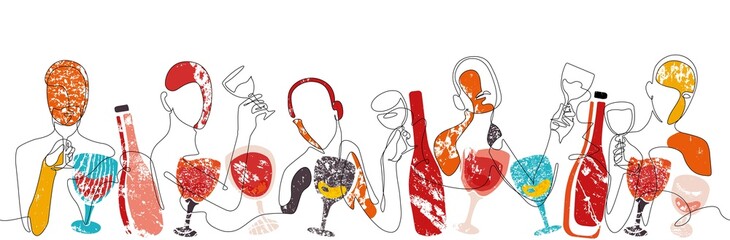 Horizontal Pattern with continuous line drawing silhouettes of people with wine glasses. Background with Wine. Vector Illustration.