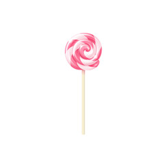 Realistic lollipop. Vector isolated illustration of pink striped swirl glossy candy on stick on white background. Three-dimensional sweet icon