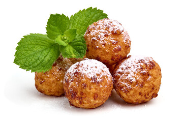 Deep fried curd balls with powdered sugar, Doughnuts, isolated on white background. High resolution image.