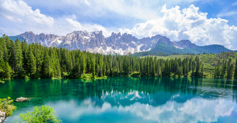 Paradise scenery at Karersee (Lago di Carezza, Carezza lake) in Dolomites of Italy at Mount...