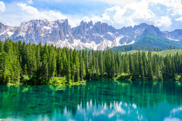 Paradise scenery at Karersee (Lago di Carezza, Carezza lake) in Dolomites of Italy at Mount...