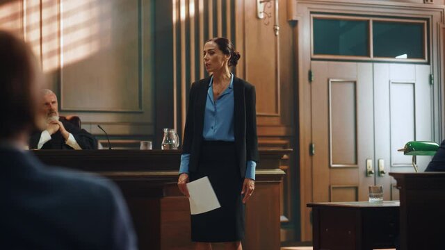 Court of Justice and Law Trial: Successful Female Prosecutor Presenting the Case, Making Passionate Speech to Judge, Jury. Attorney Lawyer Protecting Client with Closing Not Guilty Arguments.