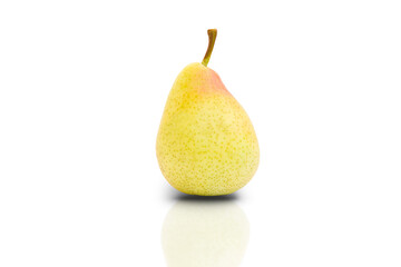 Fresh yellow pear with leaves on white background. Isolated. 