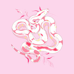 White graceful snake with pastel spots and elegant thin leaves