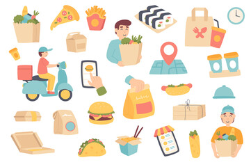 Food delivery isolated objects set. Collection of courier, customer with grocery bag, pizza, hamburger, sushi, coffee, mobile app and tracking. Vector illustration of design elements in flat cartoon