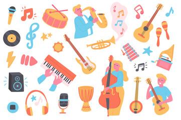 Music festival isolated objects set. Collection of musicians play saxophone, guitar, double bass, gramophone, microphone, headphones, play music. Vector illustration of design elements in flat cartoon