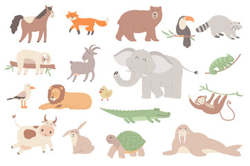 Cute animal isolated objects set. Collection of horse, fox, bear, toucan, raccoon, sloth, elephant, monkey and lion, rabbit, turtle, walrus. Vector illustration of design elements in flat cartoon