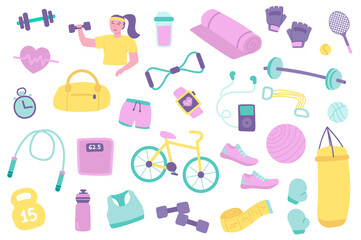 Fitness isolated objects set. Collection of woman exercising with dumbbells, gym equipment, bag, sports uniform, music, barbell, bicycle, ball. Vector illustration of design elements in flat cartoon