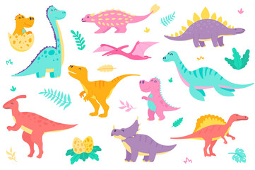 Fototapeta premium Cute dinosaurs isolated objects set. Collection of different types of colorful dinosaurs, dino baby in egg. Funny prehistoric jurassic reptiles. Vector illustration of design elements in flat cartoon