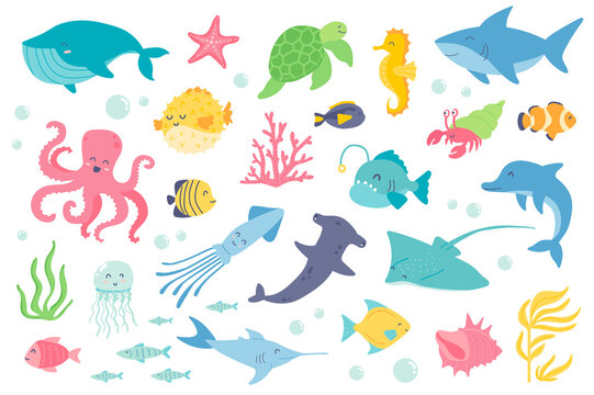 Underwater animal and fishes isolated objects set. Collection of whale, starfish, turtle, seahorse, shark, octopus, jellyfish, dolphin, coral. Vector illustration of design elements in flat cartoon