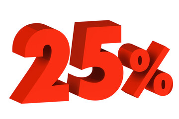 3d illustration five percent red isolated on white background. 3d rendering for advertising. 25% off on sale.