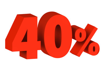 3d illustration five percent red isolated on white background. 3d rendering for advertising. 40% off on sale.