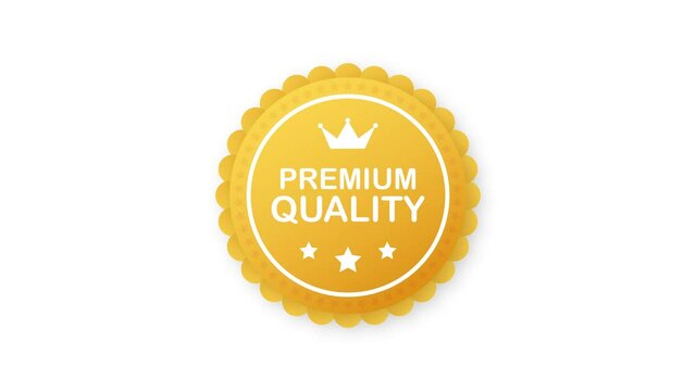 Gold premium quality rosette with red ribbon on white background. Motion graphics.