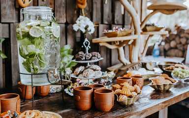 Beautifully decorated snacks on the banquet table before the holiday. Catering food and drink on wedding party