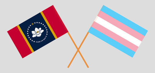 Crossed flags of the State of Mississippi and transgender pride. Official colors. Correct proportion