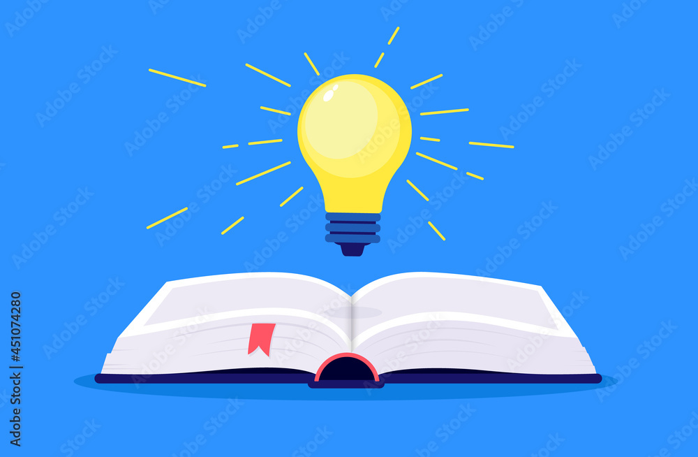Poster book with idea bulb above - getting smart and intelligent from reading books concept. vector illustr