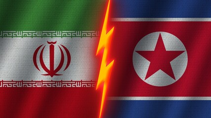 North Korea and Iran Flags Together, Wavy Fabric Texture Effect, Neon Glow Effect, Shining Thunder Icon, Crisis Concept, 3D Illustration