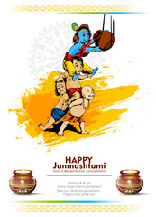 Celebrating happy Janmashtami festival of India with llustration of Lord Krishna playing bansuri (flute) and dahi handi competition with text in Hindi meaning 'Krishan Janmashtami'- vector background
