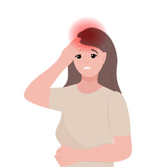 Woman suffering from head ache isolated vector illustration. C female has migraine. Sad person portrait.