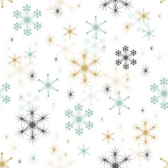 Simple Christmas seamless background with geometric motifs. Multi-colored snowflakes in pastel colors with different ornaments. Collection of retro textiles on white background for winter decor