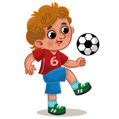 Little boy in sports wear is playing with a soccer ball. Vector illustration.