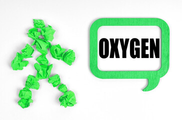 On a white background, a green paper man and a sign with the inscription - OXYGEN