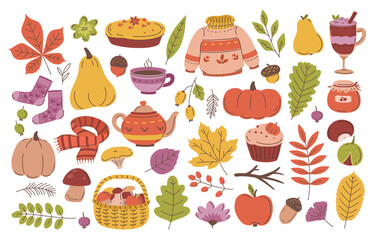 Cute flat set with autumn objects. Colored autumn elements.