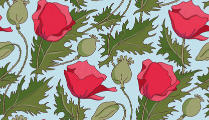 Half-tone textured seamless pattern with red poppies and green leaves on a light blue background. Floral illustration with a cottage-core aesthetic. For textiles, wallpaper, weddings and branding.
