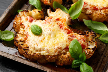 Baked Cauliflower steak with marinara sauce and cheese on rustic tray. Healthy vegetarian food