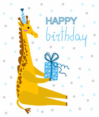Happy birthday greeting card. Cartoon character of a giraffe with a box with a gift. Printable birthday card