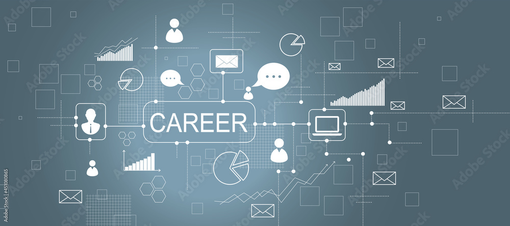 Poster Creative business sketch with charts and graphs on gray background. Career, success, training and solution concept. 3D Rendering.